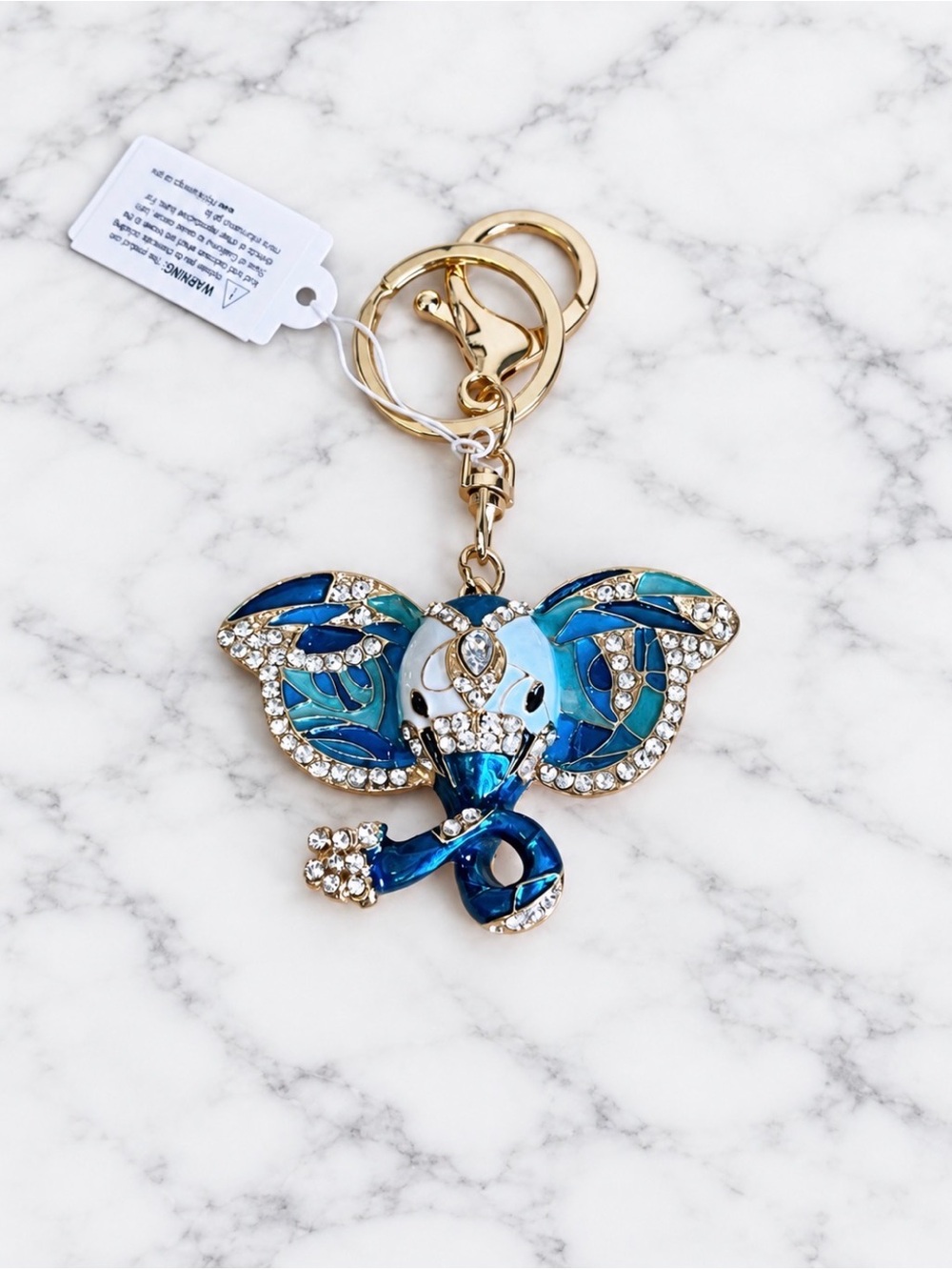 Gold-Tone Blue & White enamel Elephant Bag Charm/Keyring-White crystal accents